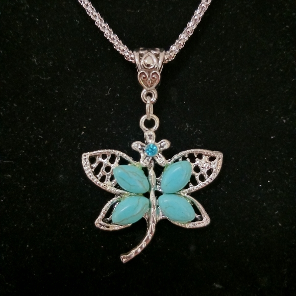 2 item-FAUX TURQUOISE DRAGONFLY GEMSTONE SILVERTONE NECKLACE & DRAGONFLY EARRING - Picture 2 of 10